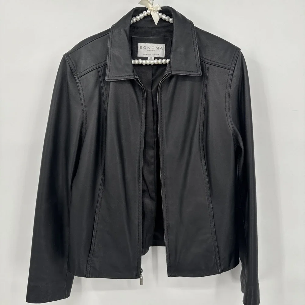 SONOMA Life + Style 100% Lambskin Leather Zip Up Modern Jacket Top Size M VTG